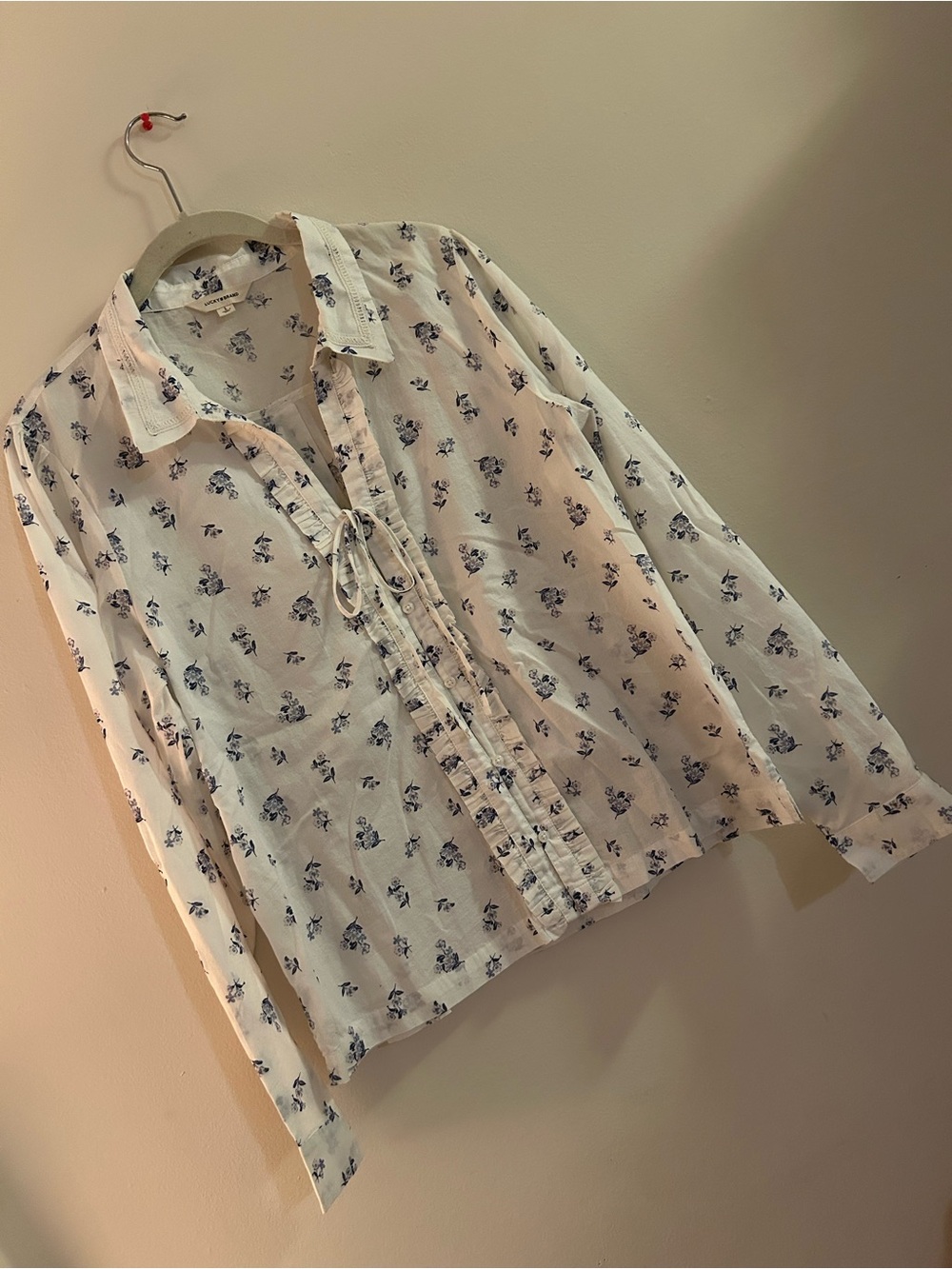 Lucky Brand Cream Button-Up Blouse with Blue Floral Print